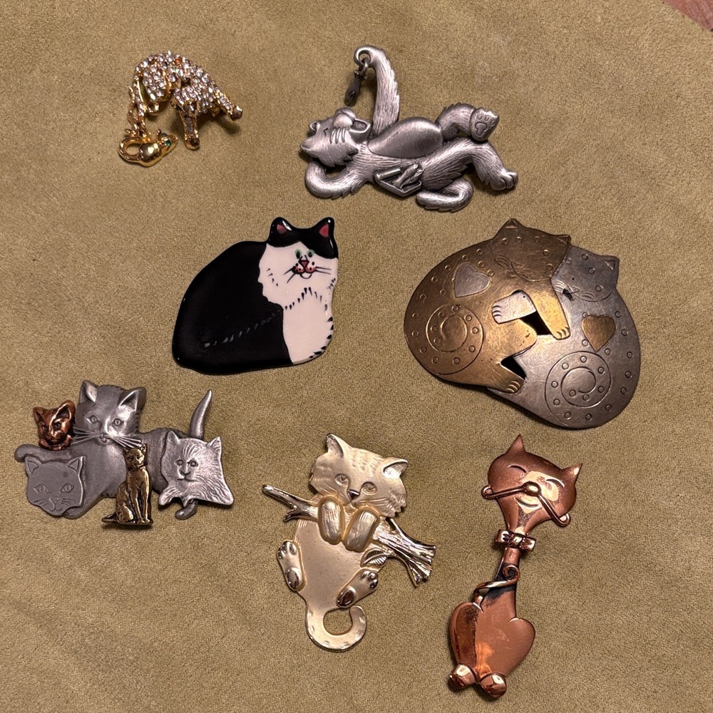 Assorted Cat-Themed Brooch Set - Silver, Black, Gold, Copper
